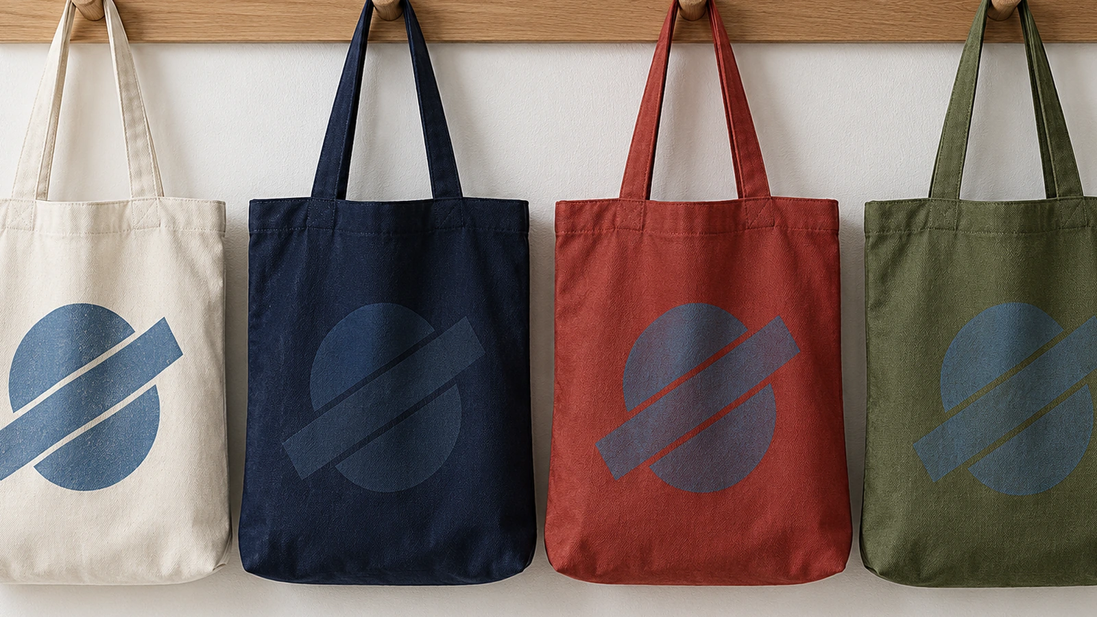 Quatre tote bags en toile, naturel, bleu marine, rouge et olive, chacun imprimé du même logo géométrique simple pour montrer comment le contraste change selon la couleur du sac