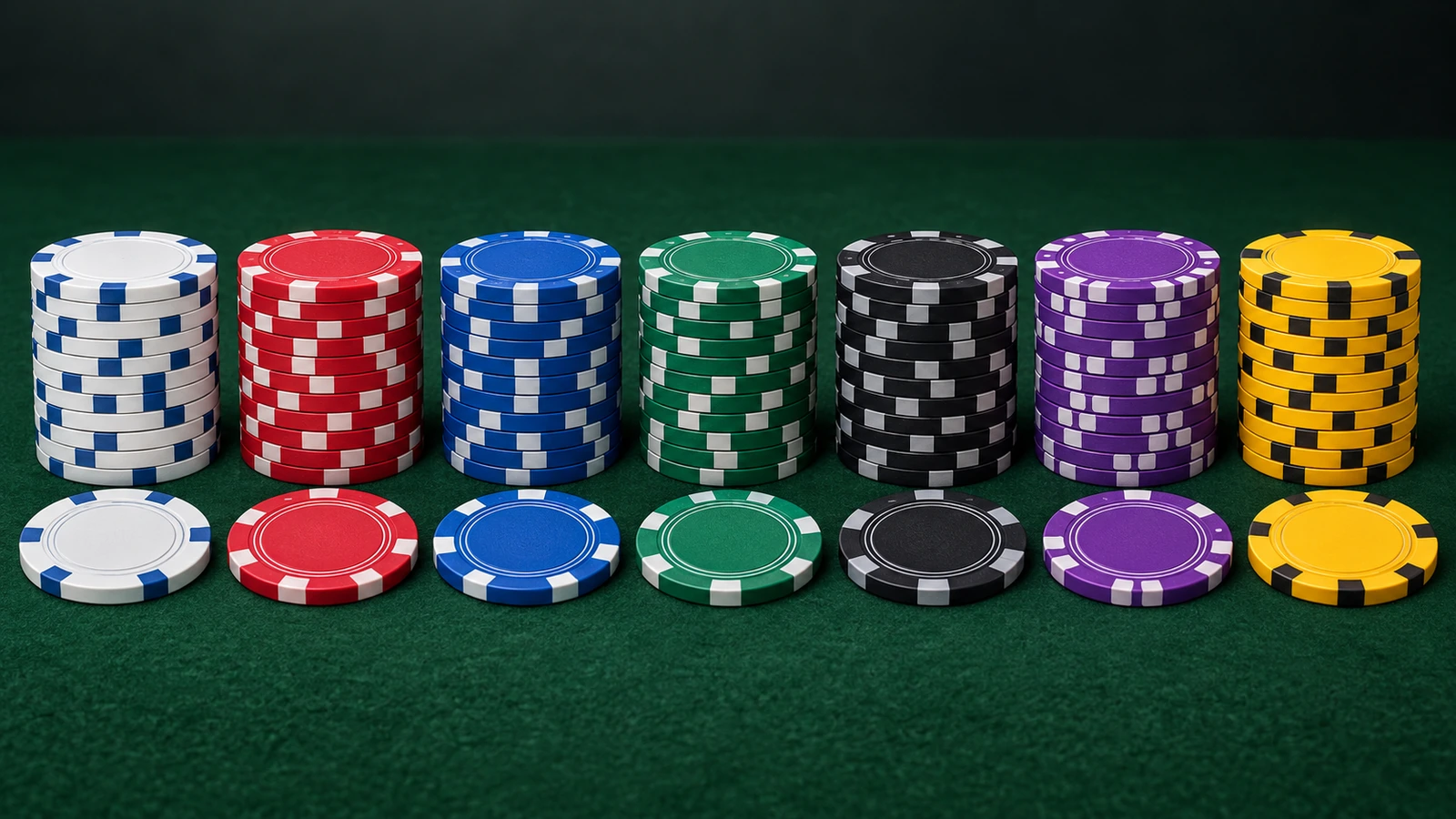 Sept piles de jetons de poker rangées de la dénomination la plus claire à la plus foncée, dans les couleurs conventionnelles : blanc, rouge, bleu, vert, noir, violet et jaune