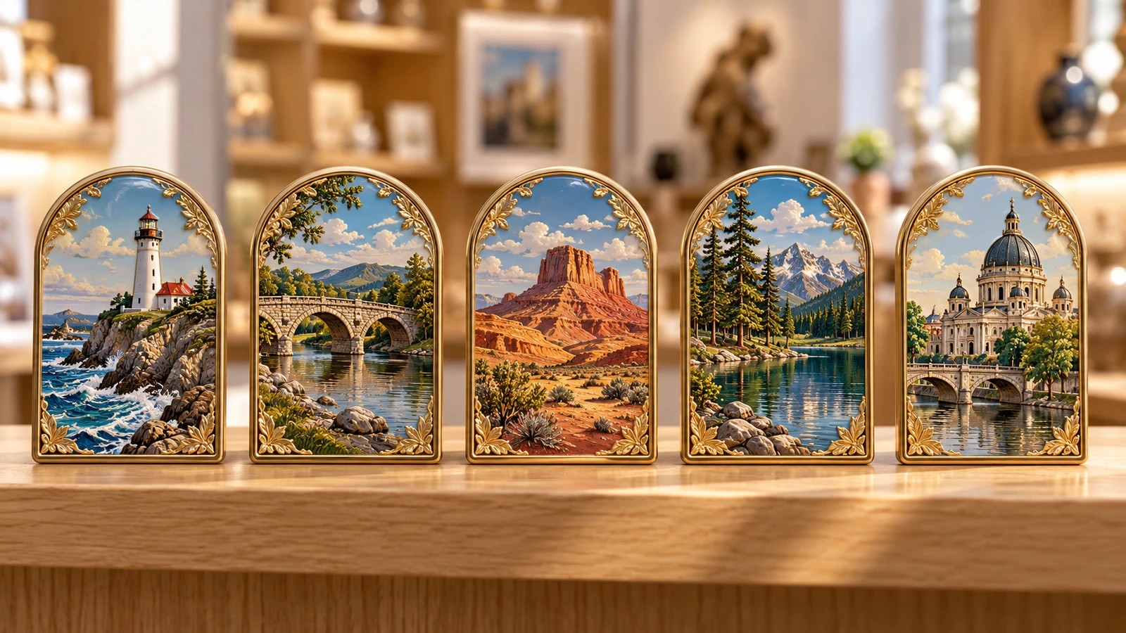 Rangée de magnets de réfrigérateur en acier étamé partageant un même cadre embossé, chacun montrant une scène de monument différente pour une série de souvenirs de destination