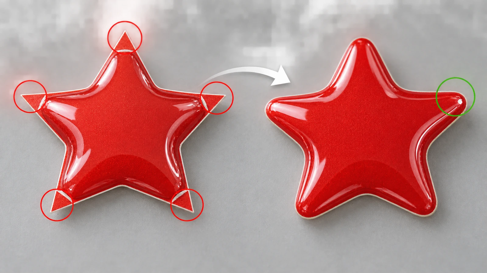 Comparaison d'une forme découpée à pointes vives où la résine se rétracte aux extrémités et d'une forme arrondie avec un dôme lisse et complet