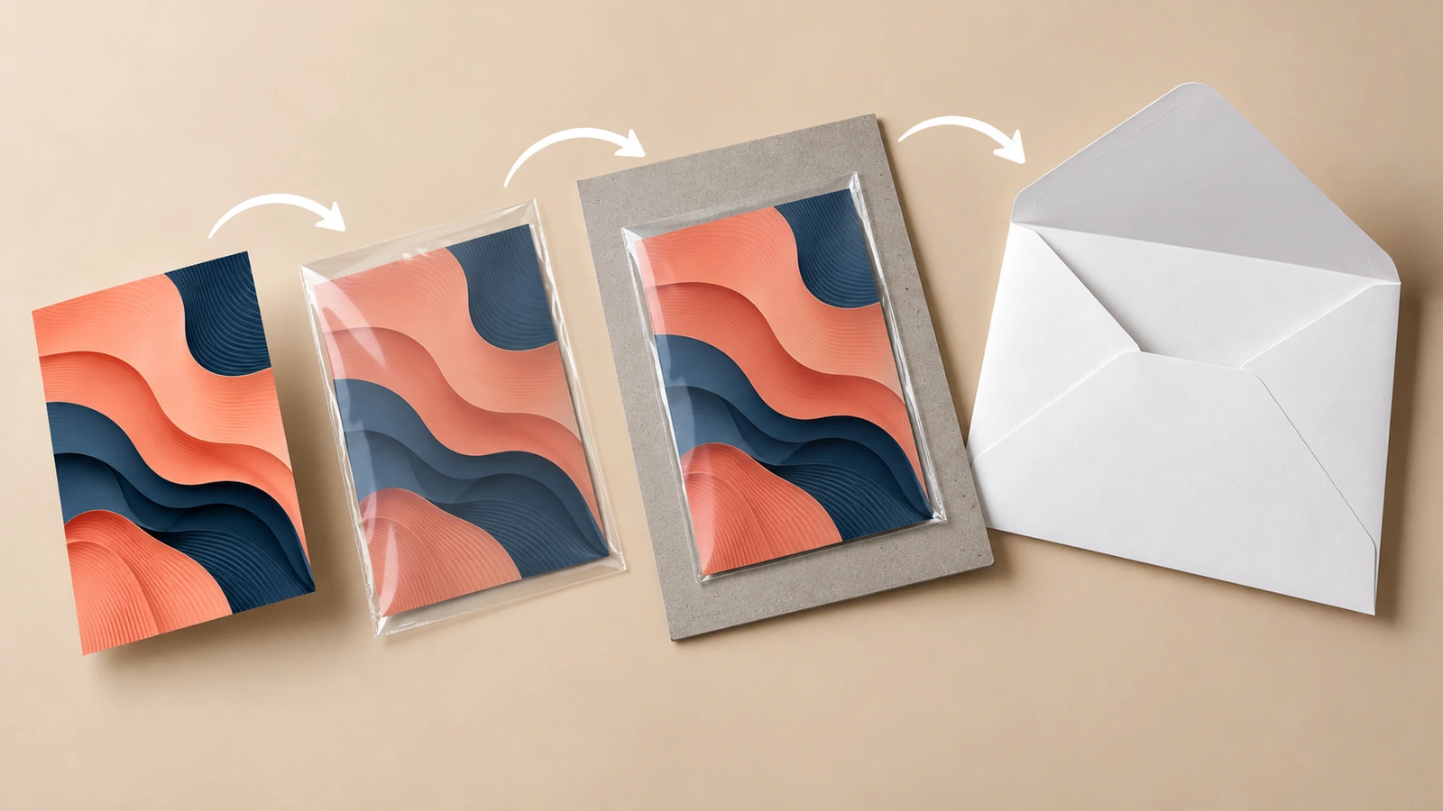 Enveloppe ouverte montrant une carte lenticulaire protégée par une pochette transparente et un carton de renfort rigide, avec des flèches indiquant l'insertion