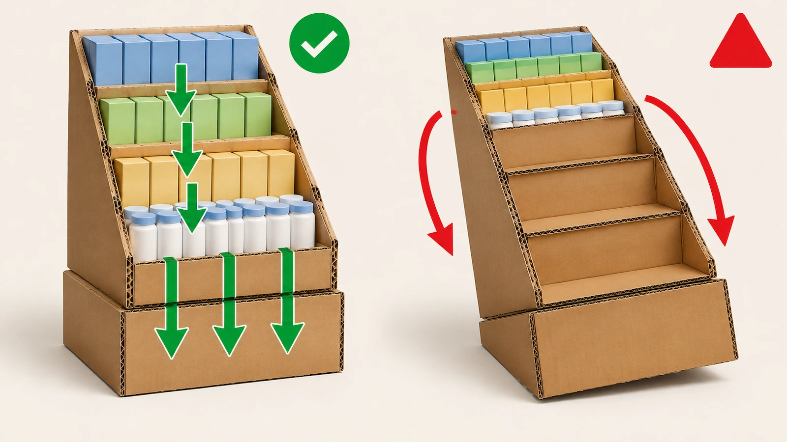 Comparaison de deux présentoirs à gradins en carton : un présentoir stable dont le poids repose bas sur la base, et un présentoir qui bascule vers l'avant après le retrait des rangées avant