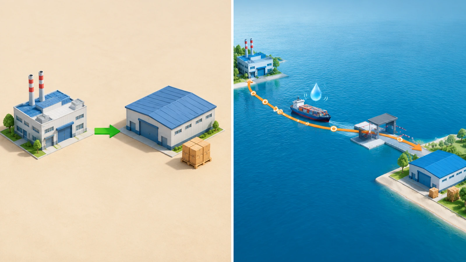 Composition scindée comparant une flèche droite et courte, d'une usine proche vers un entrepôt, à une longue flèche courbe traversant une bande bleue d'océan avec un porte-conteneurs