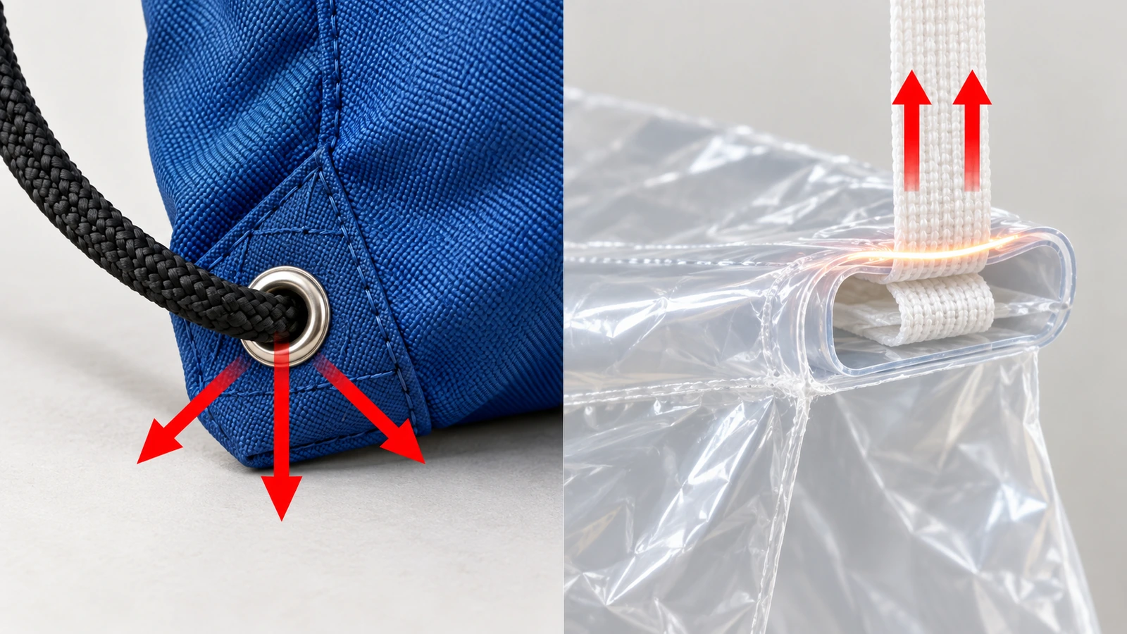 Coupe transversale comparant un coin de sac cousu avec œillet et une coulisse de film thermosoudée avec ruban coulissant, des flèches indiquant où la charge se concentre