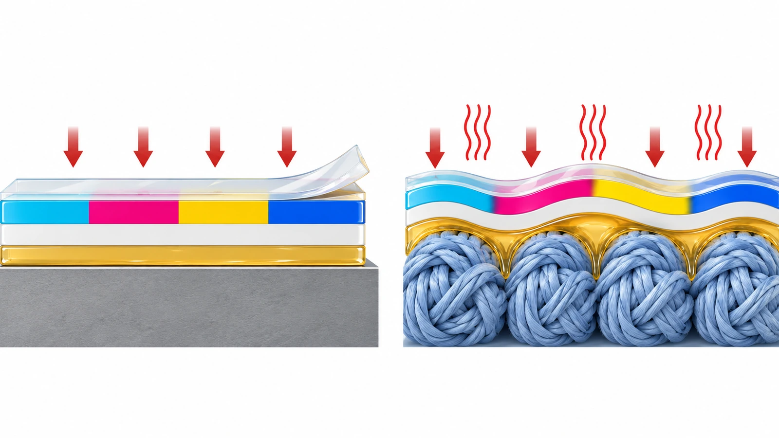 Schéma en coupe comparant un empilement de couches UV DTF rigide posé sur une surface dure et un adhésif DTF textile qui fond dans des fibres tissées