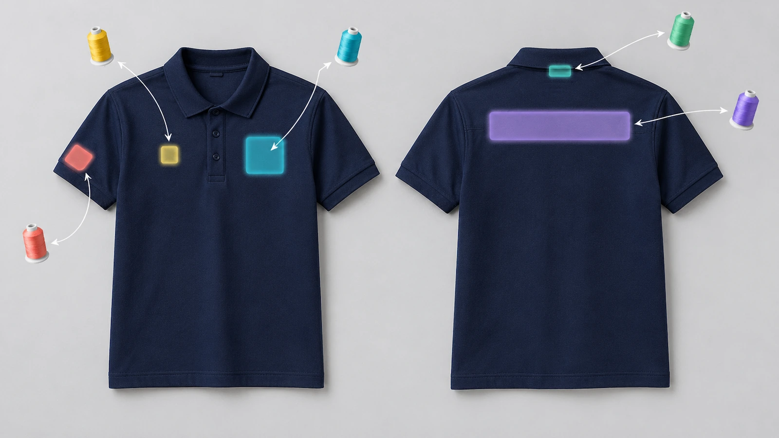 Polo en piqué de coton bleu marine, vu de face et de dos, avec les zones de broderie mises en évidence : poitrine gauche, poitrine droite, manche, empiècement dos et nuque