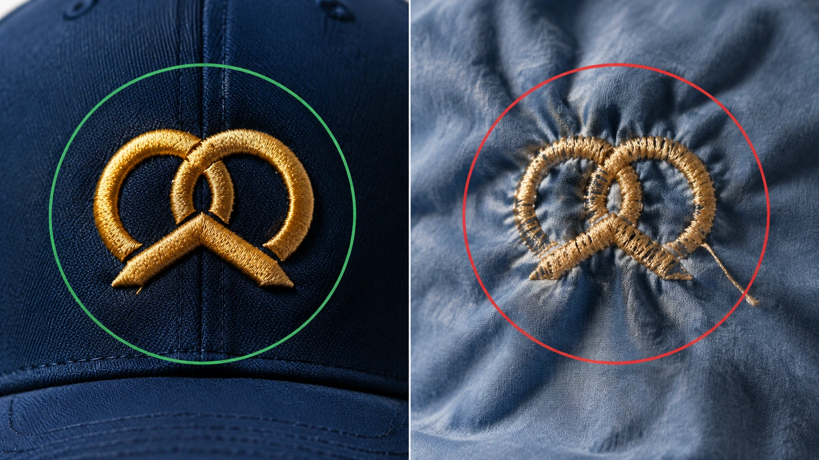 Comparaison en gros plan d'une broderie en points satin nette et dense sur une façade de casquette trucker structurée, à côté d'une broderie froncée sur un panneau souple