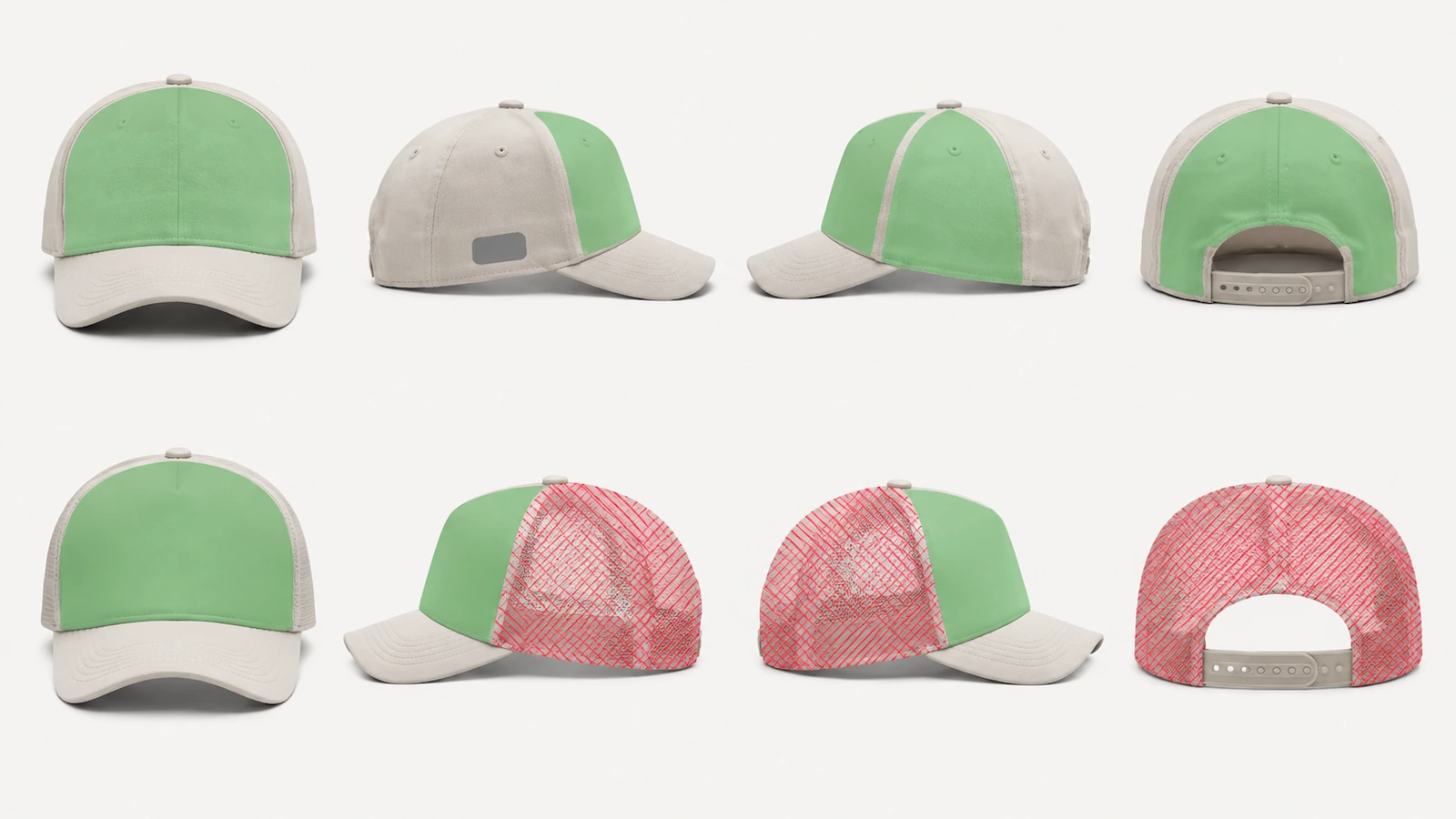 Deux casquettes vues de face, de côté et de dos, avec des zones vertes indiquant les zones de broderie libres, une zone grise indiquant un panneau latéral réservé et des hachures rouges indiquant les zones en filet à éviter