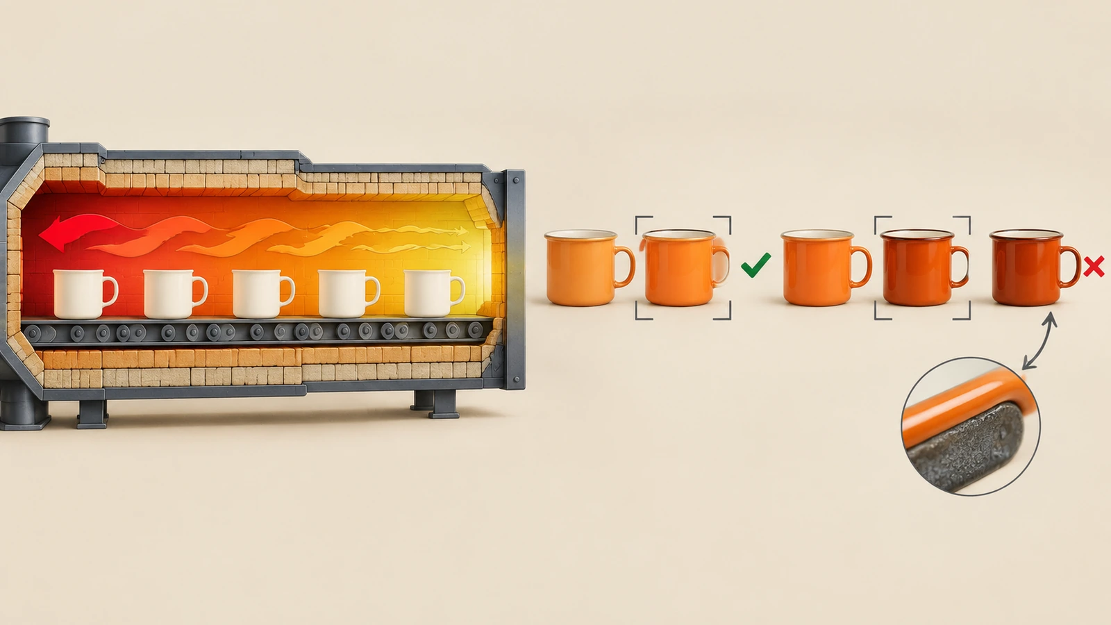 Illustration d'un four à émail avec des flèches indiquant la variation de chaleur et une rangée de mugs orange passant progressivement de nuances plus claires à plus foncées