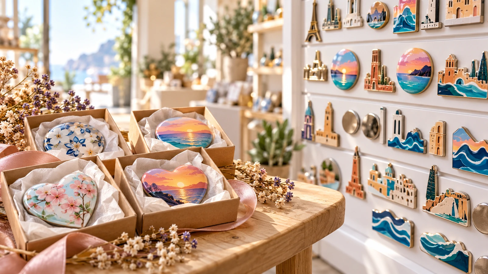 Aimants de réfrigérateur à dôme brillant emballés dans de petites boîtes cadeaux à côté d'un présentoir à souvenirs, illustrant l'usage en cadeau d'événement et en boutique touristique