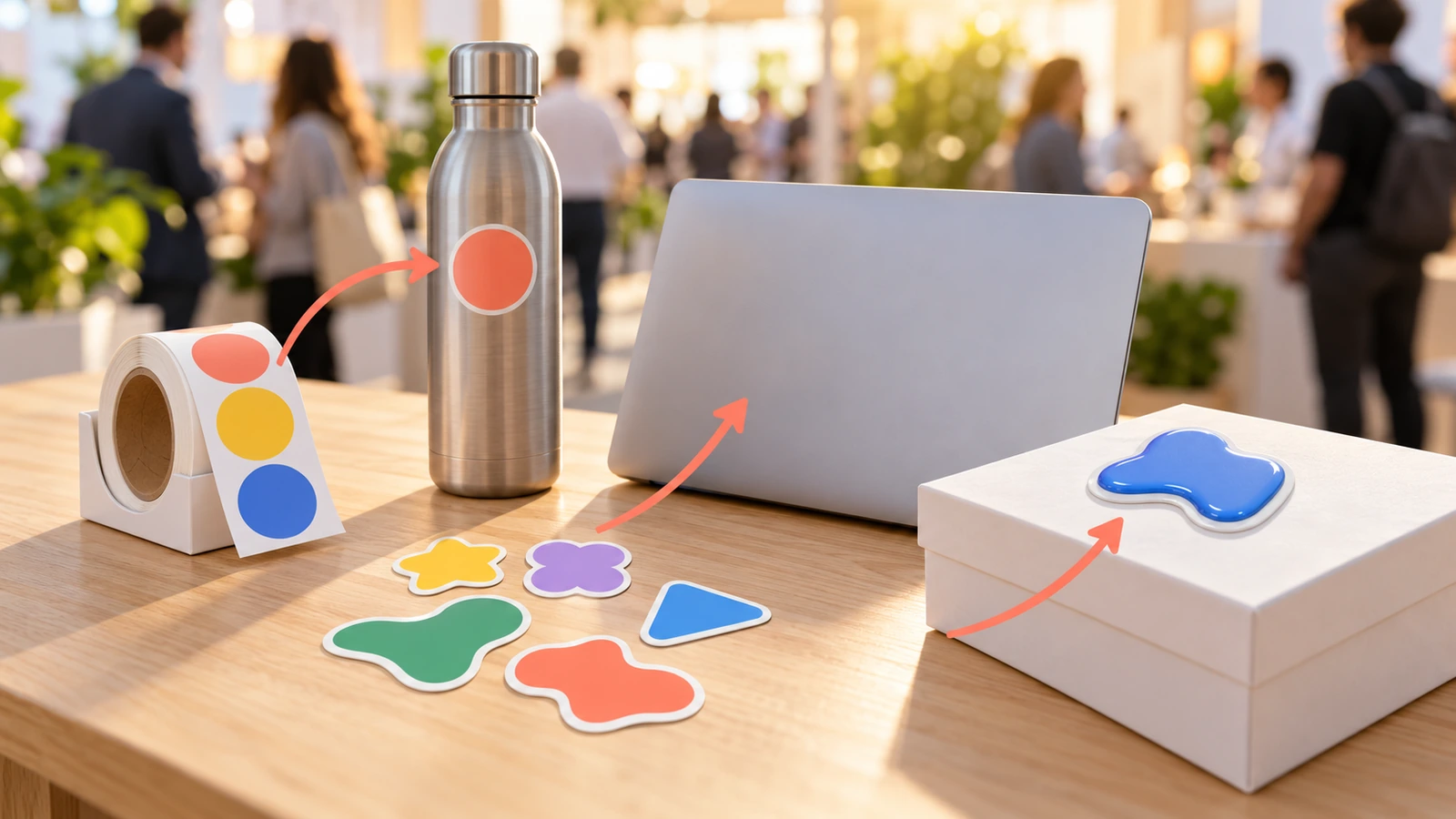 Table de salon professionnel avec trois formats d'autocollants : un distributeur de rouleau, des autocollants découpés à la forme en unités libres et un autocollant logo souple en relief, avec des flèches montrant leur déplacement vers un ordinateur portable, une gourde et un coffret cadeau