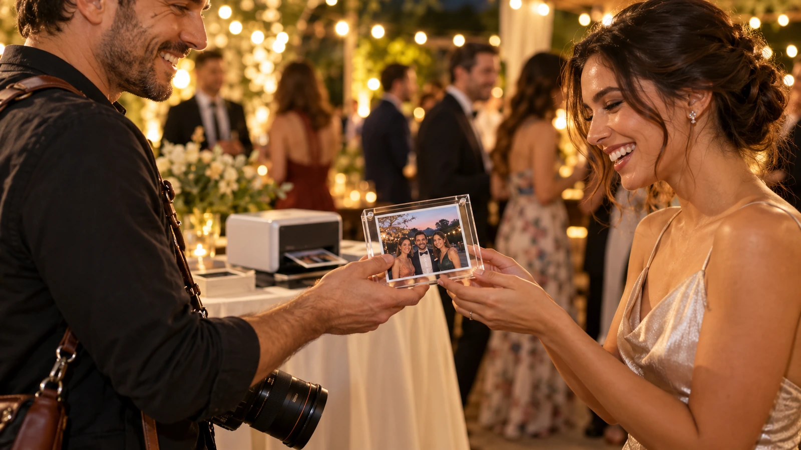 Photographe événementiel remettant à un invité un cadre magnétique en acrylique transparent contenant une photo fraîchement imprimée lors d'une réception en soirée