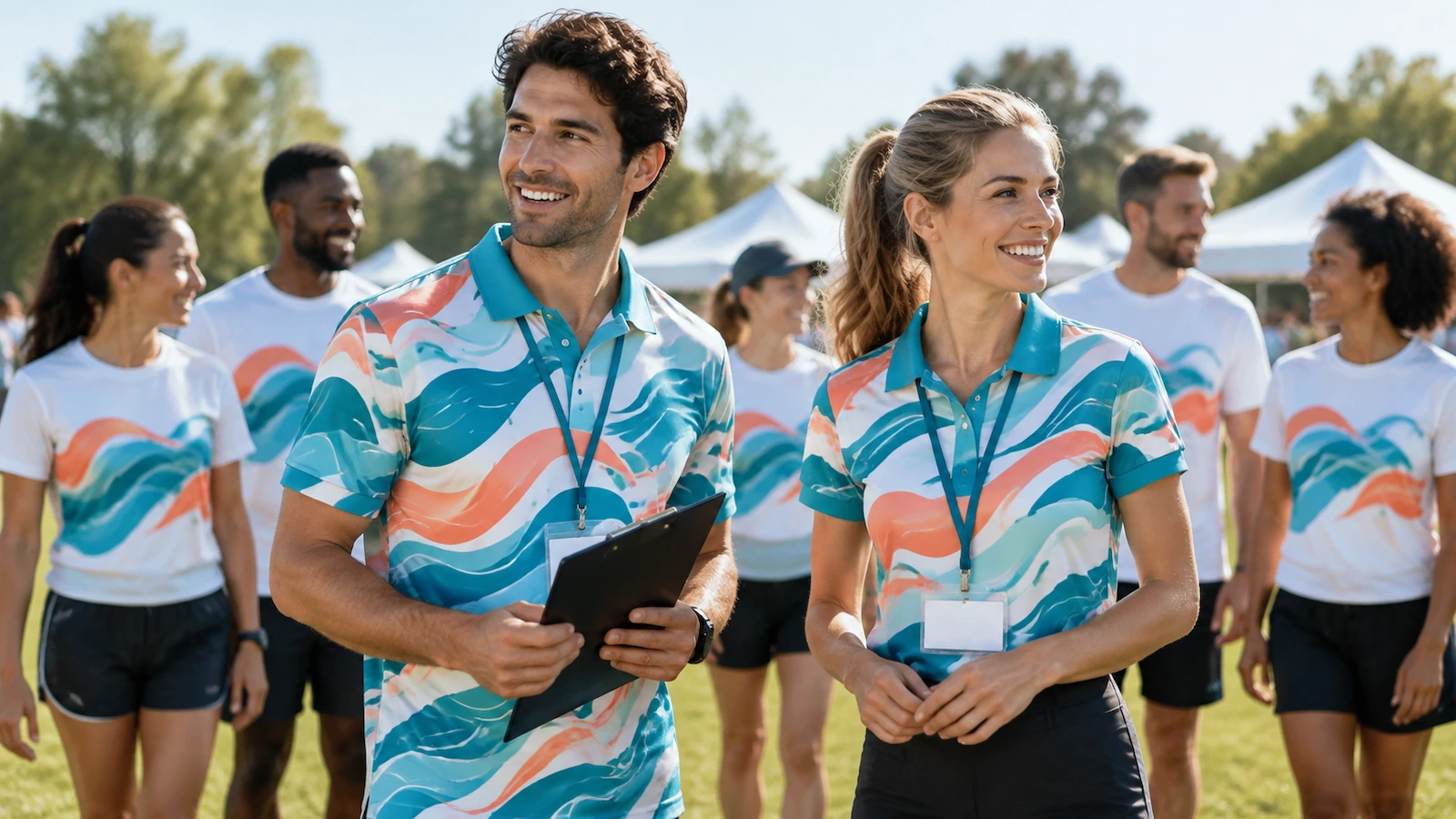 Scène d'événement avec des participants en t-shirts sublimés assortis et du personnel en polos à col partageant le même motif de couleurs