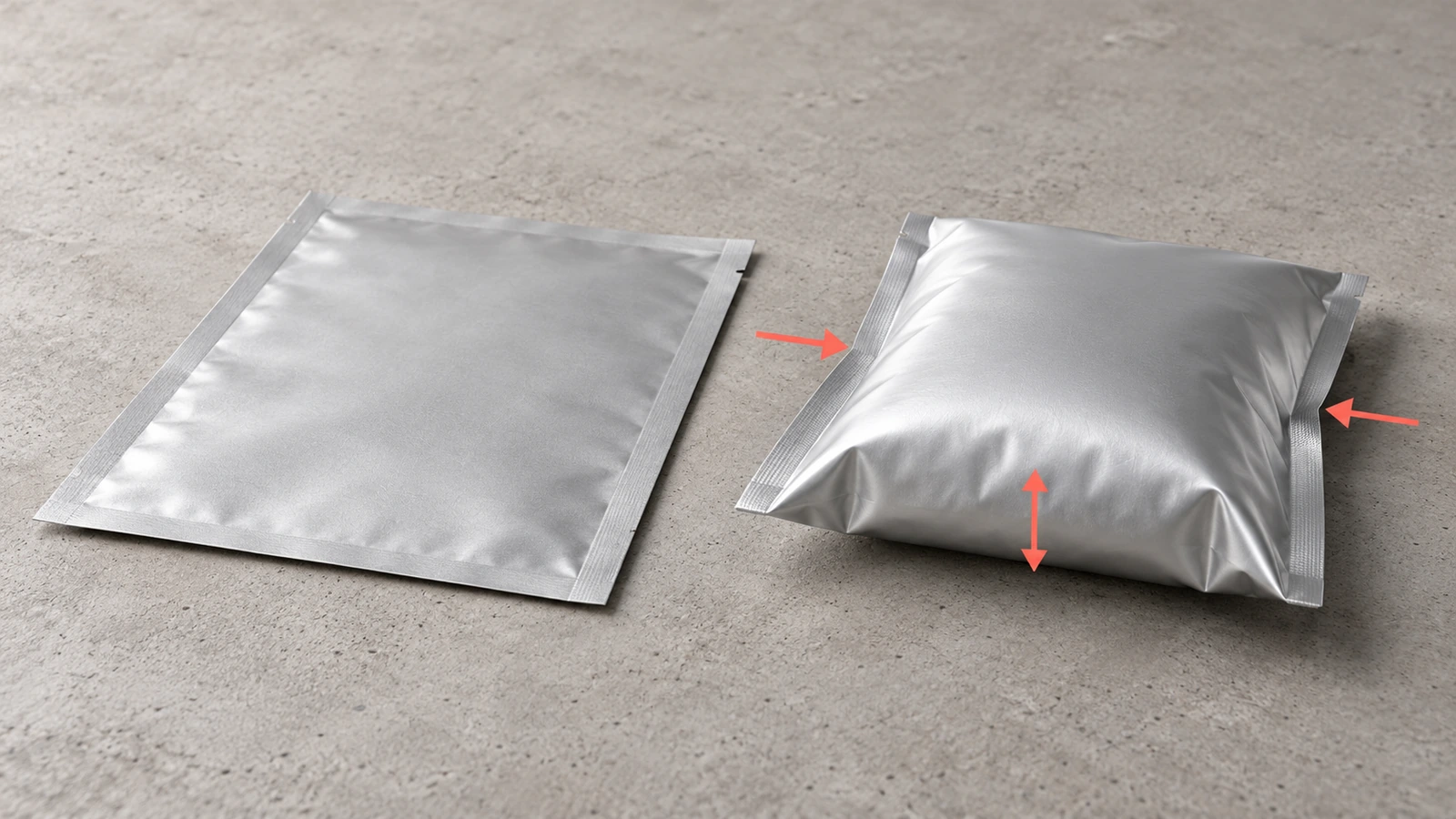 Vue de profil d'un sachet plat vide à côté d'un sachet rempli en forme de coussin, montrant comment le remplissage ajoute de l'épaisseur et réduit l'encombrement à plat