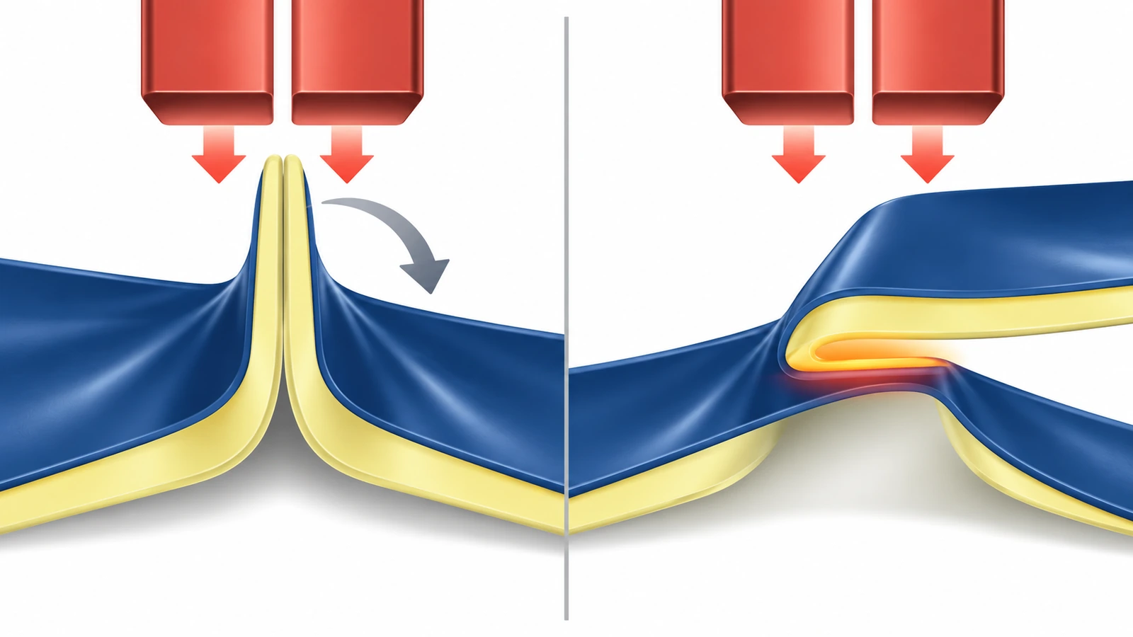 Diagramme en coupe comparant une soudure à ailette, où les couches intérieures se rejoignent et se replient, et une soudure à recouvrement, où la couche intérieure chevauche la surface extérieure