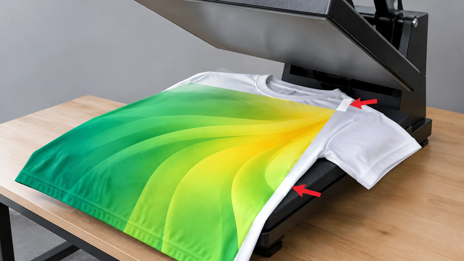 Plateau de presse à chaud au-dessus d'un t-shirt en polyester cousu, avec des flèches indiquant les zones non imprimées le long de la couture latérale