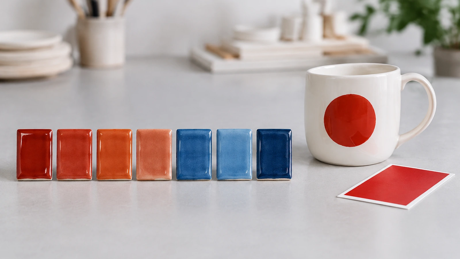 Rangée de carreaux de couleur en céramique cuits, dans des nuances dégradées de rouge, d'orange et de bleu, à côté d'un mug émaillé blanc pour la comparaison visuelle des couleurs