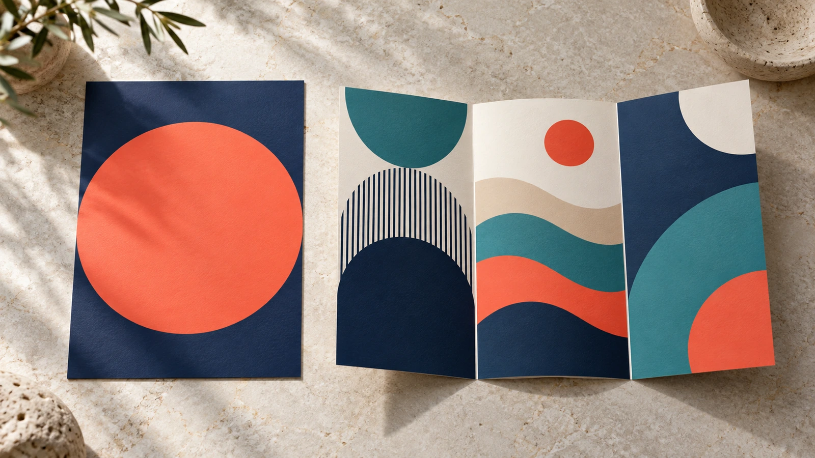 Un flyer à feuille unique à plat à côté d'un dépliant à pli en trois partiellement ouvert sur un bureau clair, tous deux imprimés avec des aplats de couleur abstraits