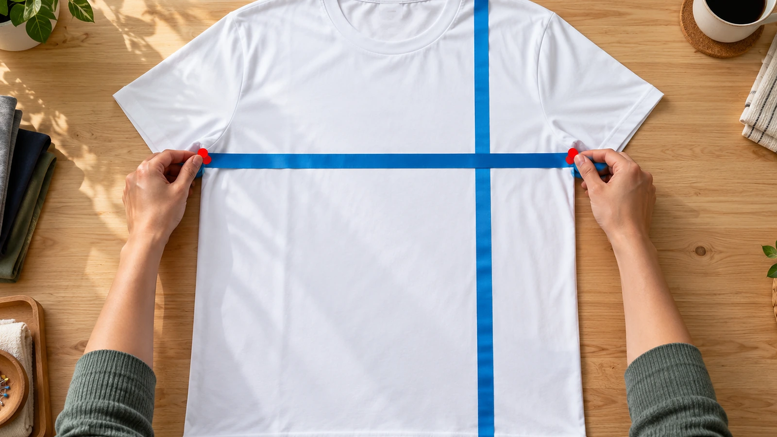 Mains mesurant un t-shirt unisexe blanc en polyester posé à plat, avec un ruban de tissu uni en travers de la poitrine