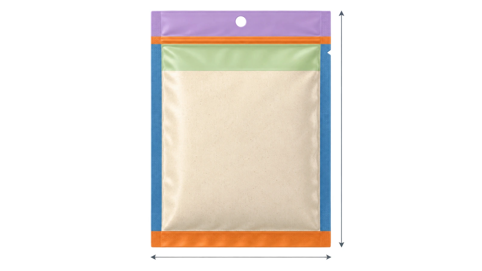 Schéma d'un sachet plat avec des bandes colorées marquant les soudures latérales, la soudure de fond, la zone produit, l'espace de tête, la soudure supérieure et le bandeau de suspension