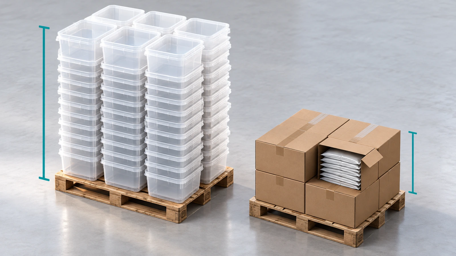 Deux palettes comparées : l'une chargée en hauteur de pots rigides vides, l'autre portant la même quantité de sachets préfabriqués à plat dans des cartons compacts
