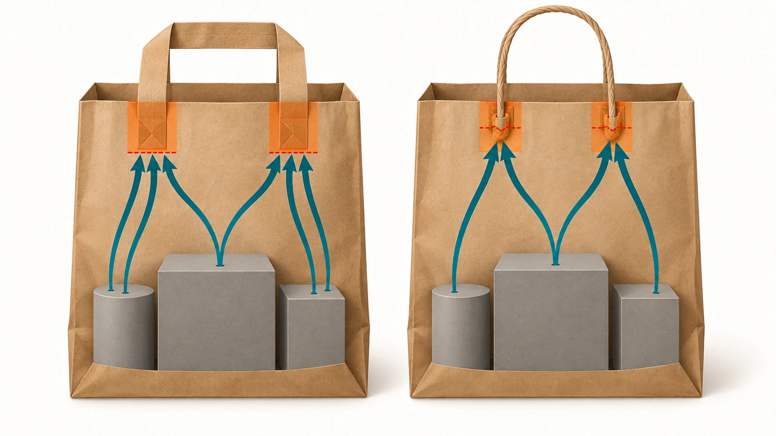 Illustration comparant une anse plate en papier et une anse en cordon de papier torsadé sur des sacs kraft, avec des flèches montrant la concentration des contraintes de charge aux points de fixation des anses