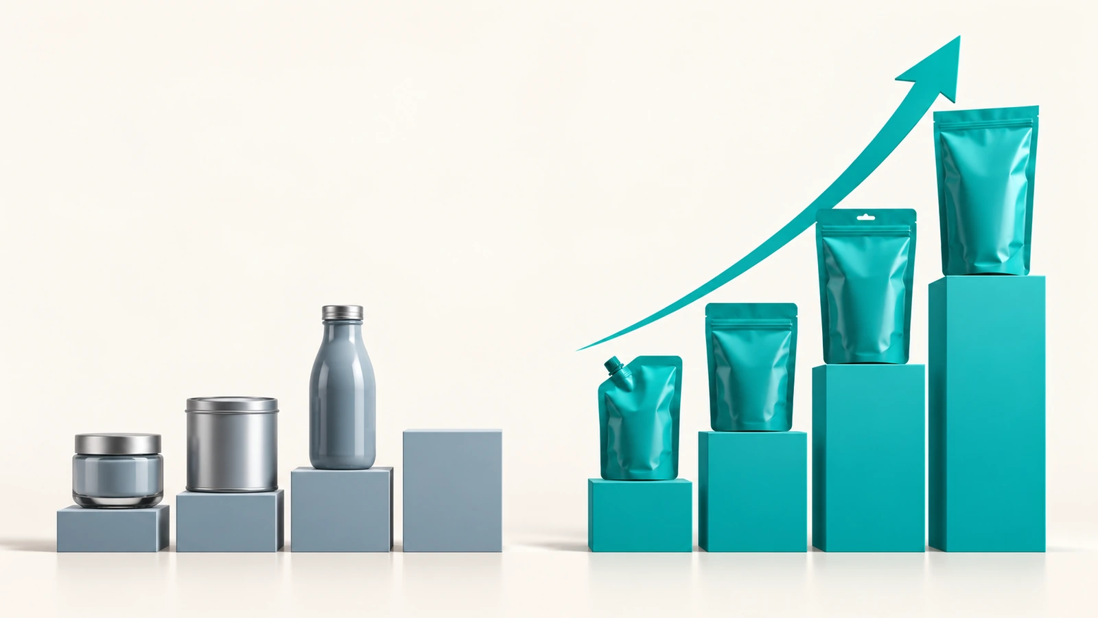 Graphique abstrait comparant des contenants rigides à croissance plus lente et des sachets souples à l'épreuve des enfants à croissance plus rapide
