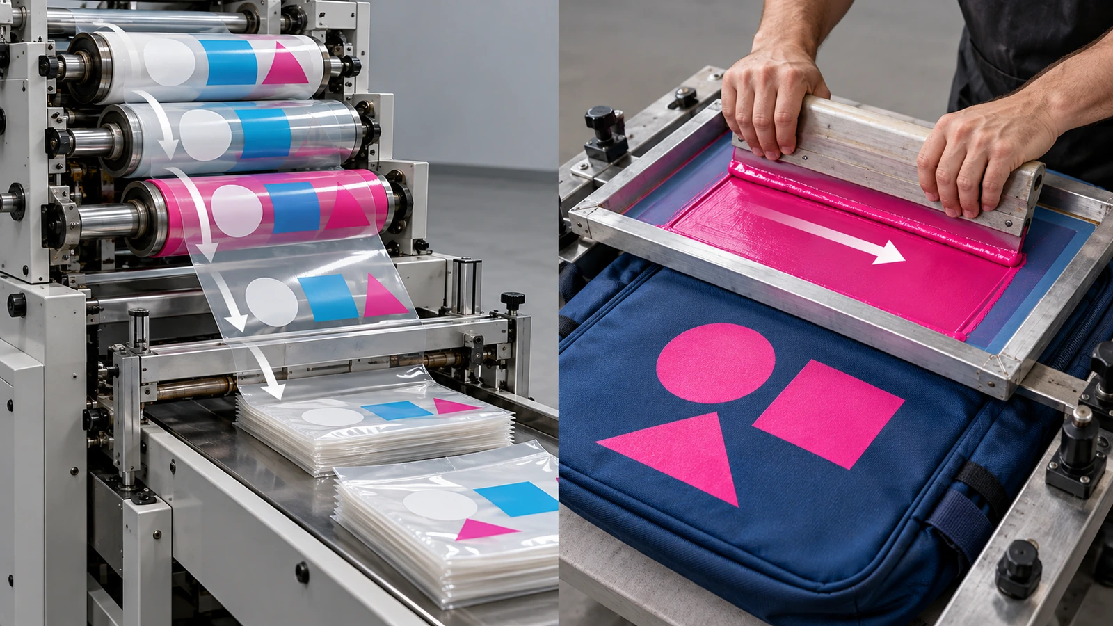 Illustration partagée : impression flexographique sur une bobine de film de polyéthylène d'un côté, cadre de sérigraphie appliquant l'encre sur un panneau de sac à dos en tissu de l'autre