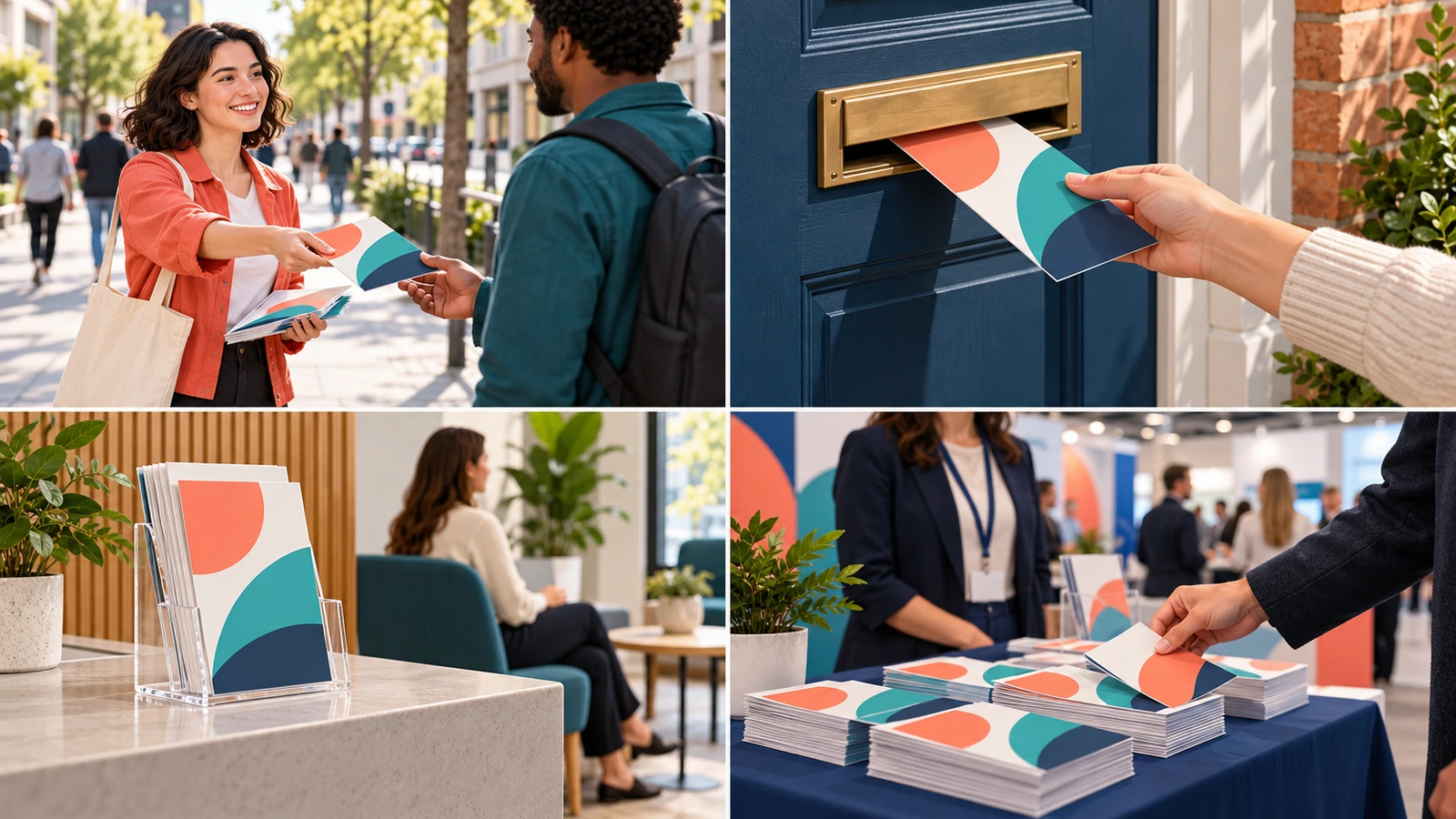 Quatre scènes montrant des imprimés distribués dans la rue, glissés dans une boîte aux lettres, exposés dans un présentoir de comptoir et empilés sur une table de salon professionnel