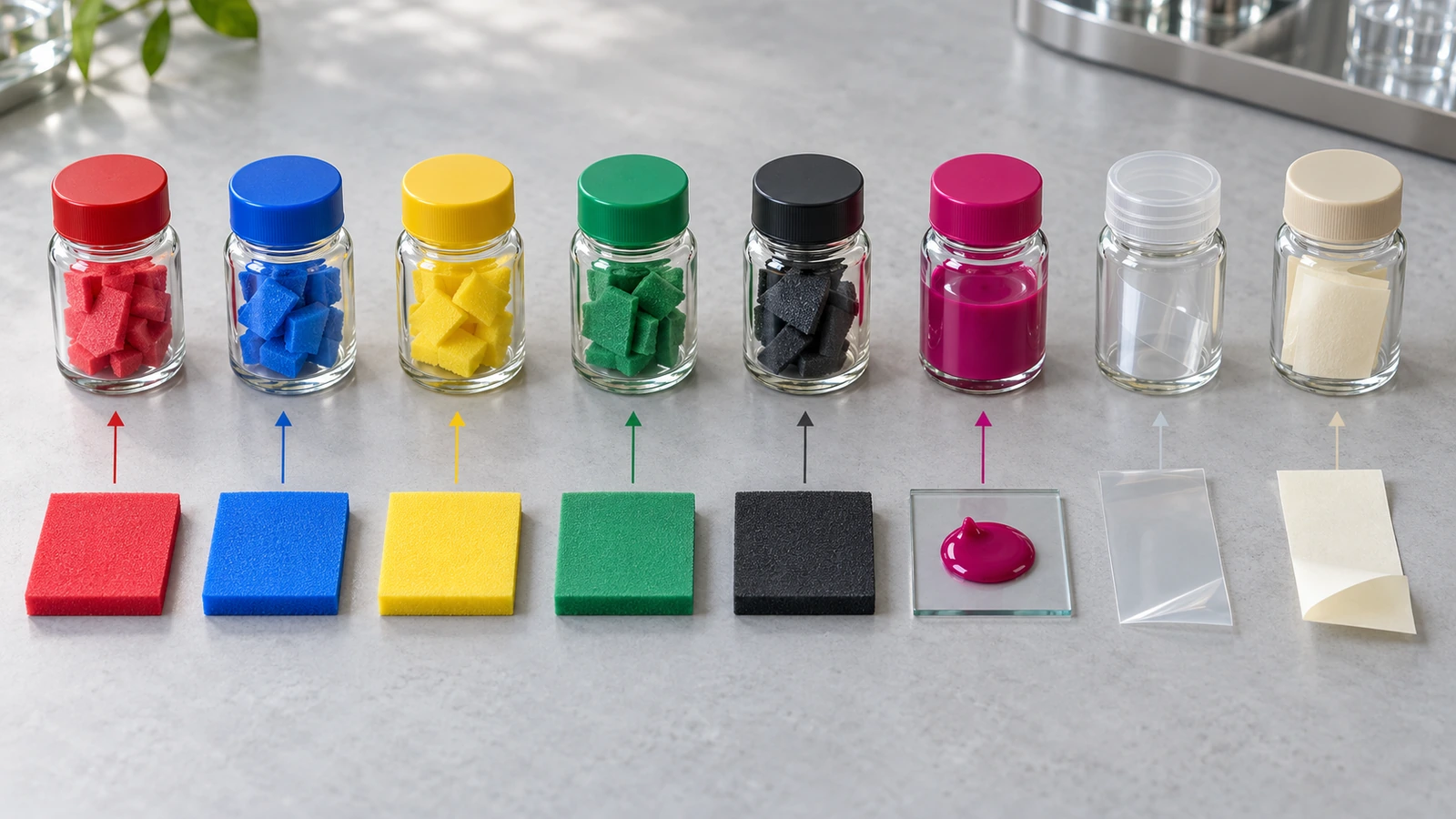 Échantillons séparés de mousse EVA colorée, d'encre, de film adhésif et de support antiadhésif, disposés à côté de petits flacons d'échantillons de laboratoire, illustrant les essais de sécurité composant par composant