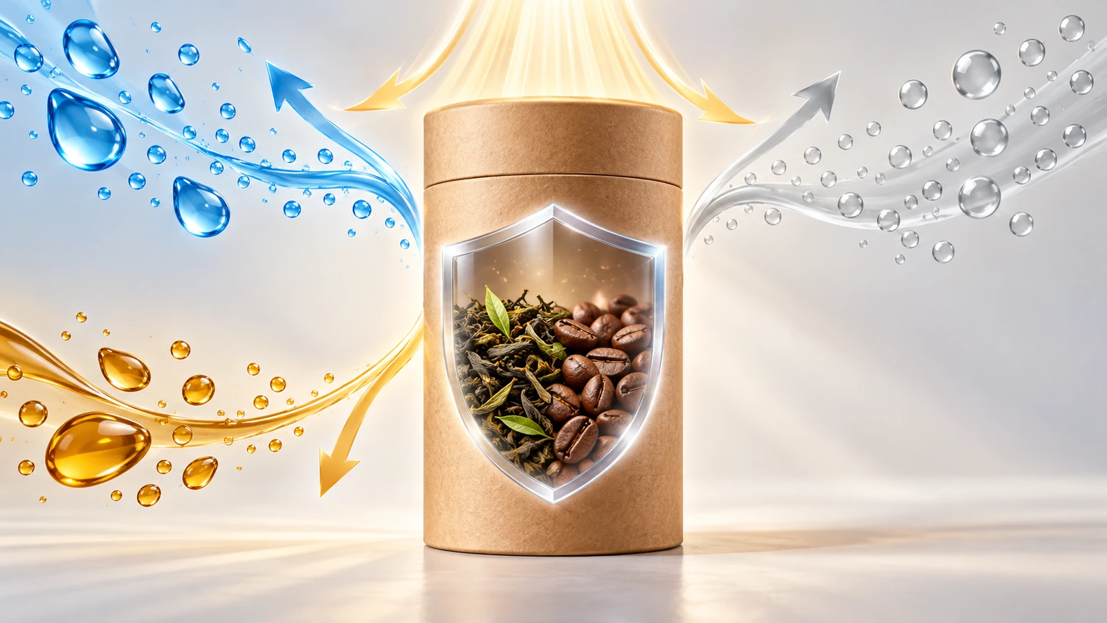 Schéma d'un tube en carton scellé dont le revêtement intérieur, en forme de bouclier, repousse des gouttes d'eau bleues, de petites bulles d'oxygène, des rayons de lumière jaunes et des gouttes de graisse ambrées, avec des flèches directionnelles