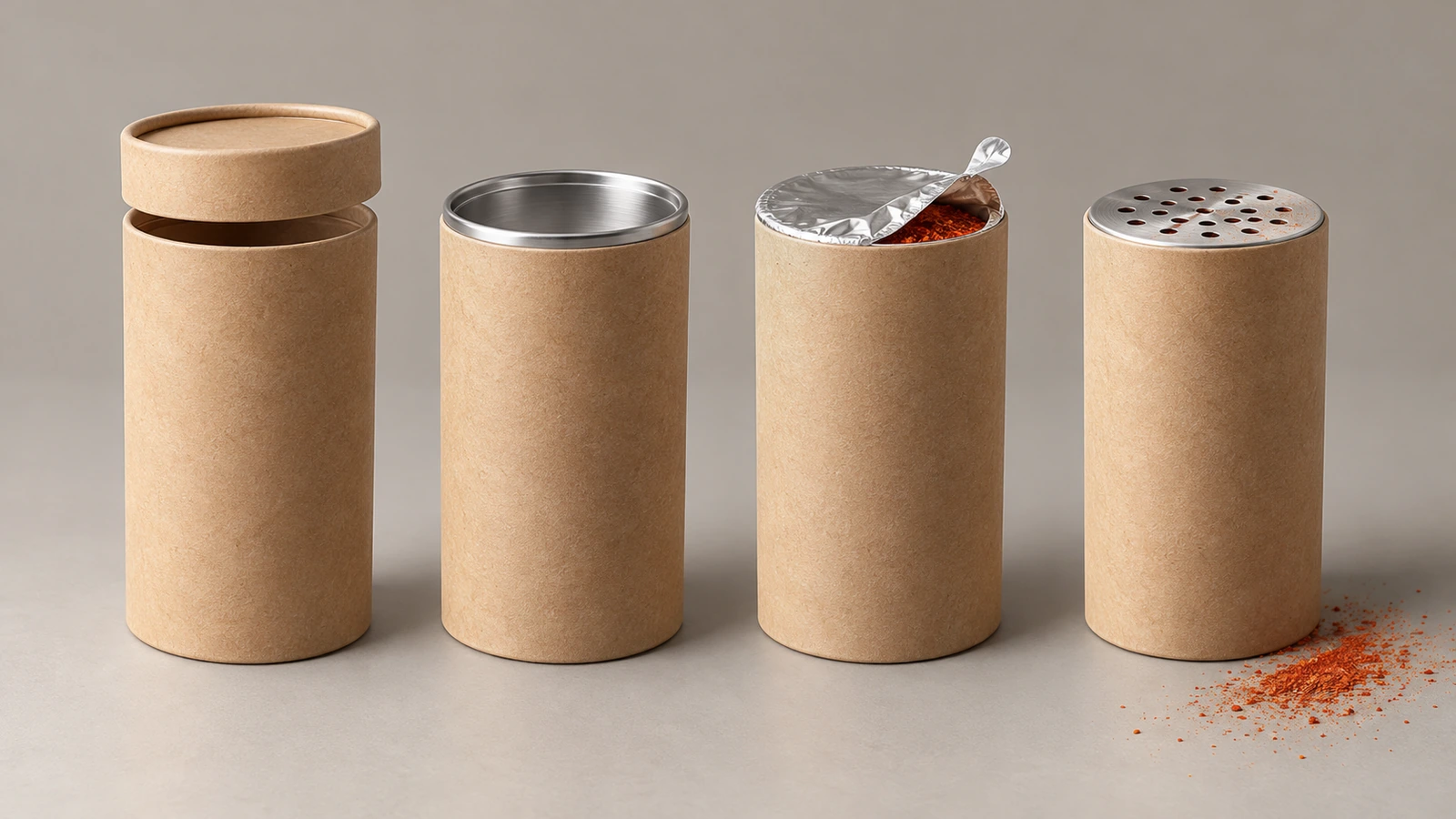 Quatre extrémités supérieures de tubes en carton unis, côte à côte : un couvercle télescopique, un fond métallique serti, un opercule en feuille métallique à moitié décollé et un couvercle saupoudreur perforé