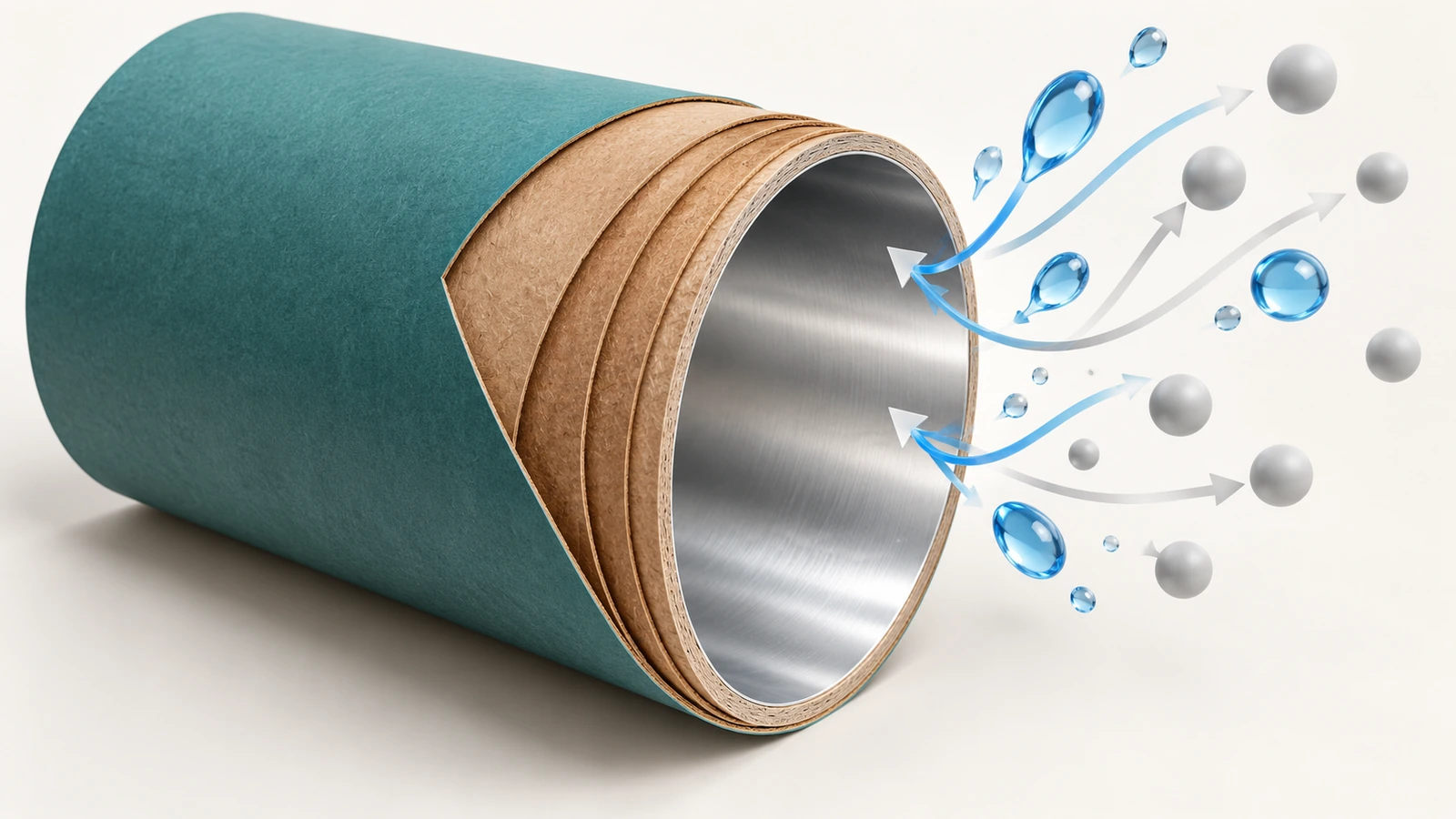 Illustration en coupe d'un tube alimentaire en carton montrant le pli extérieur, les plis de carton de structure et un revêtement intérieur métallique, avec des flèches indiquant le blocage de l'humidité et de l'oxygène