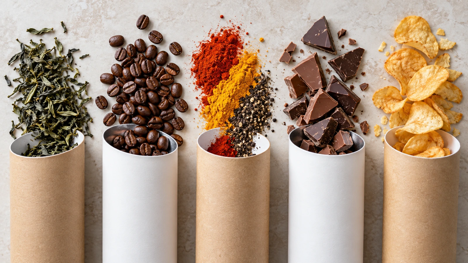 Tubes en kraft et en carton blanc, simples et non imprimés, disposés avec des feuilles de thé, des grains de café torréfiés, des épices moulues colorées, des morceaux de chocolat et des chips sur une surface neutre
