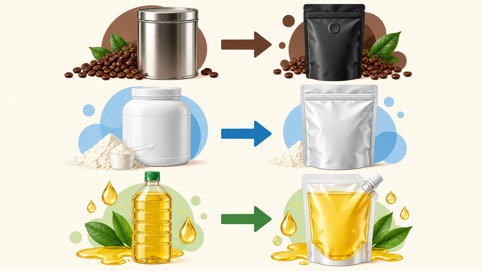 Schéma de correspondance reliant une boîte de café à un sachet à valve, un pot de poudre à un large sachet à fermeture zip et une bouteille de liquide à un sachet avec bec verseur, par des flèches colorées