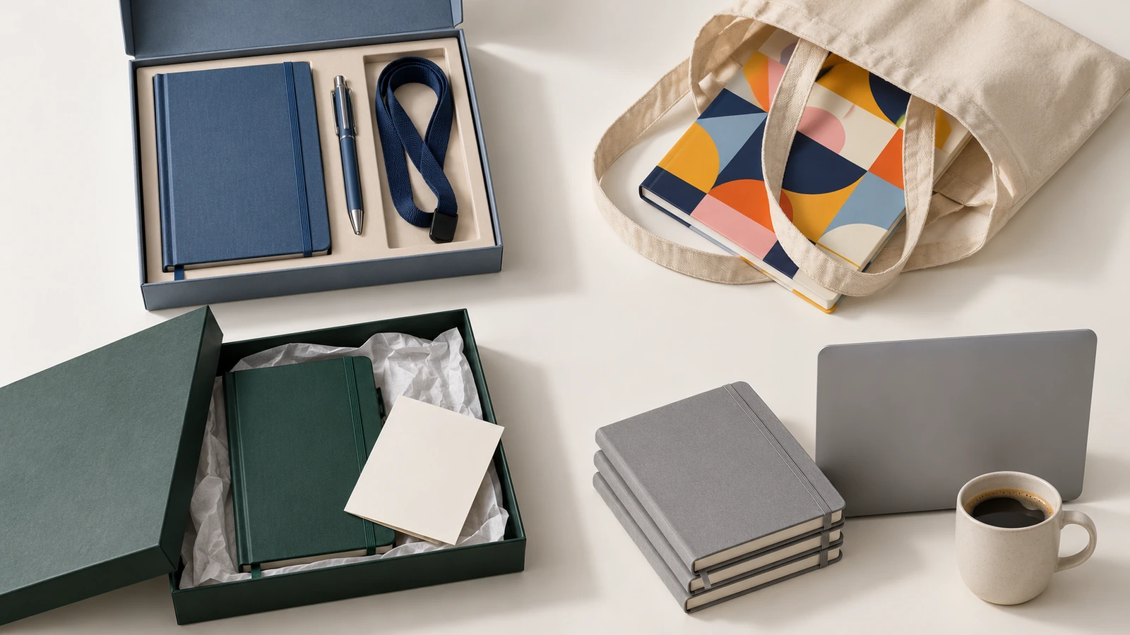 Quatre ensembles de carnets à couverture rigide disposés en kit d'intégration, sac de conférence, coffret cadeau client et table de salle de formation