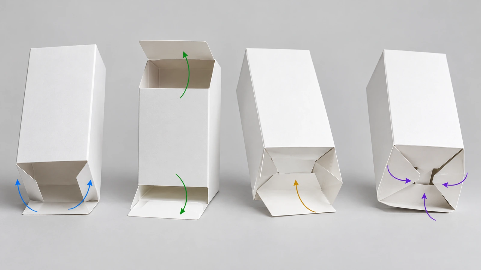 Quatre étuis en carton blanc alignés montrant les structures à rabats alignés, à rabats inversés, à fond automatique et à fond à verrouillage, chacun avec des flèches indiquant la fermeture de ses rabats