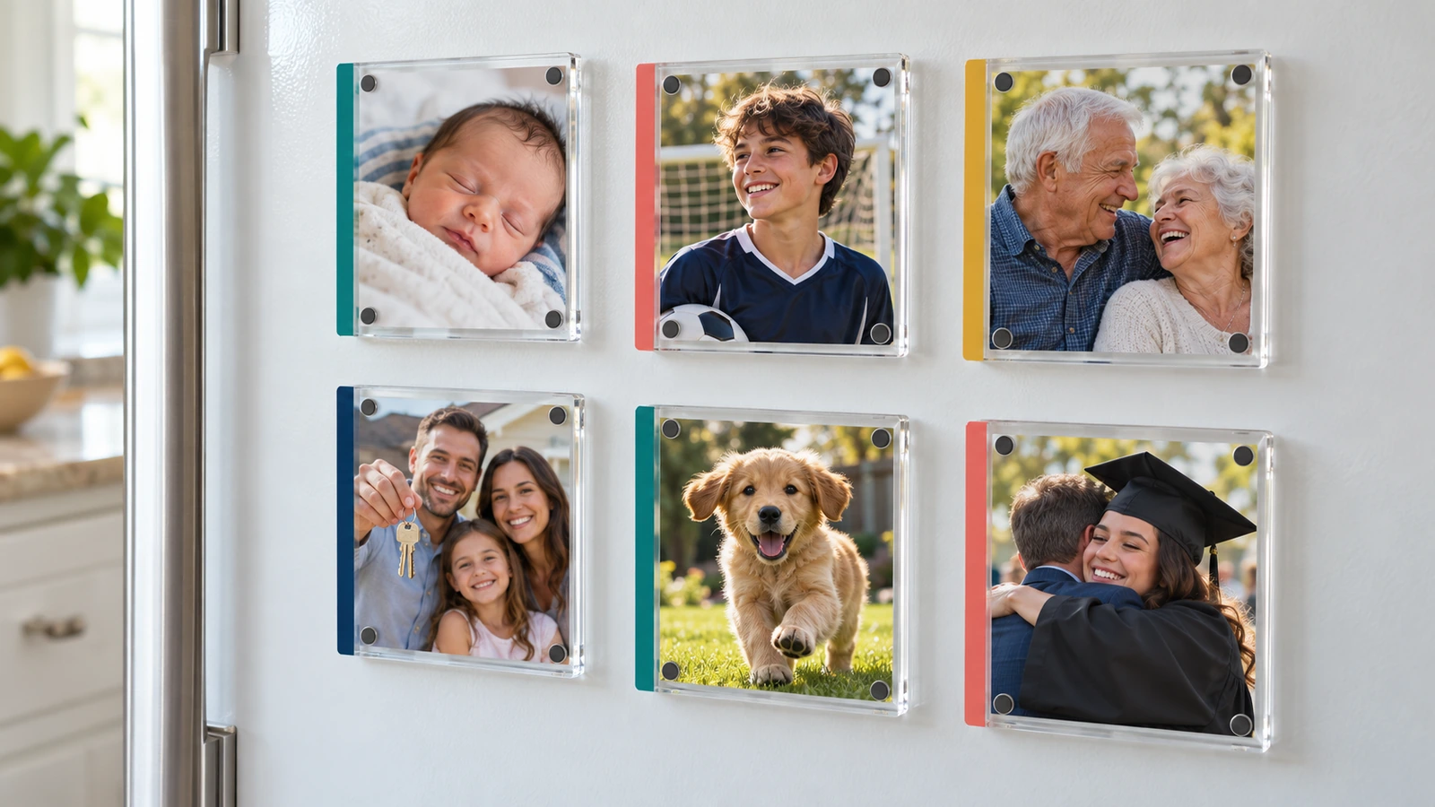 Plusieurs cadres photo magnétiques en acrylique transparent contenant des photos de famille, d'enfants et d'animaux sur la porte blanche d'un frigo, chacun avec une petite bande de couleur aux couleurs de la marque sur un bord
