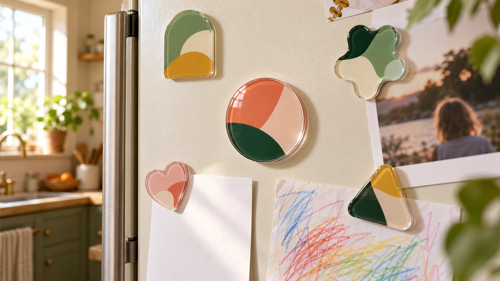 Porte de réfrigérateur sur laquelle plusieurs magnets promotionnels en acrylique transparent retiennent des feuilles vierges et une photo de famille, montrant que les magnets d'entreprise partagent l'espace avec des objets personnels