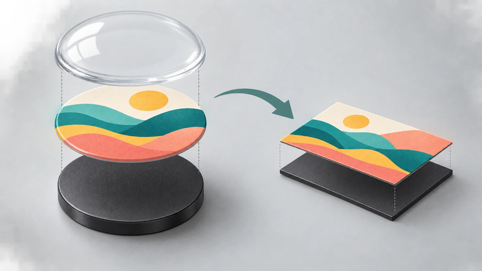 Illustration en coupe d'un aimant de réfrigérateur personnalisé montrant la face imprimée, la couche de protection transparente et le support magnétique sous forme de couches colorées superposées