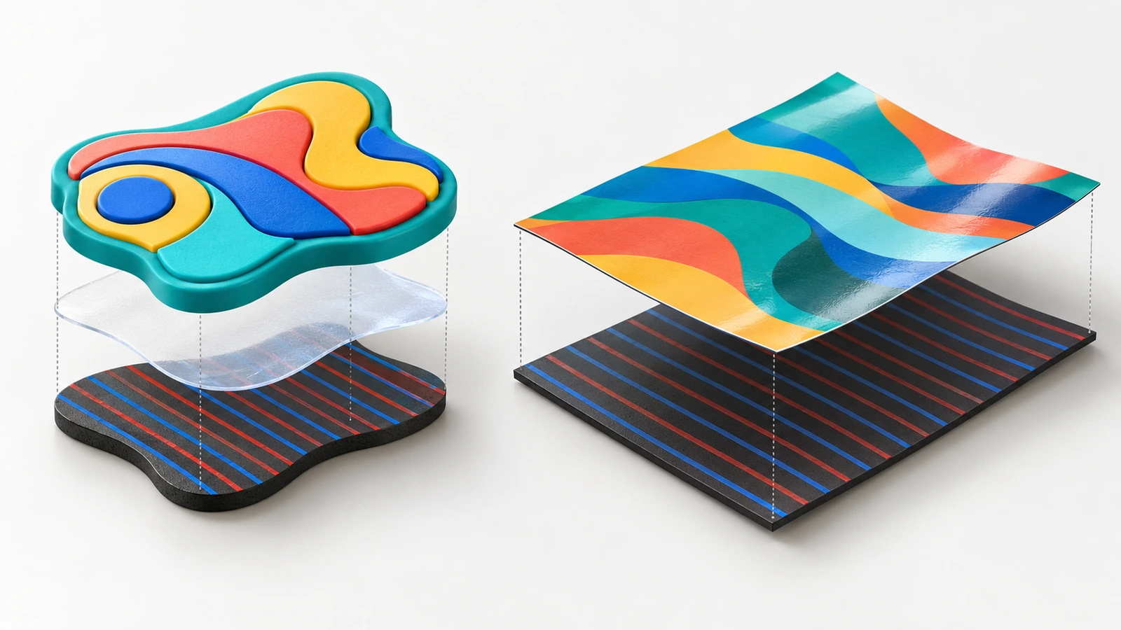 Coupe transversale éclatée comparant un magnet de réfrigérateur en PVC souple moulé avec une bande magnétique de support distincte à une feuille magnétique flexible monocouche à face imprimée