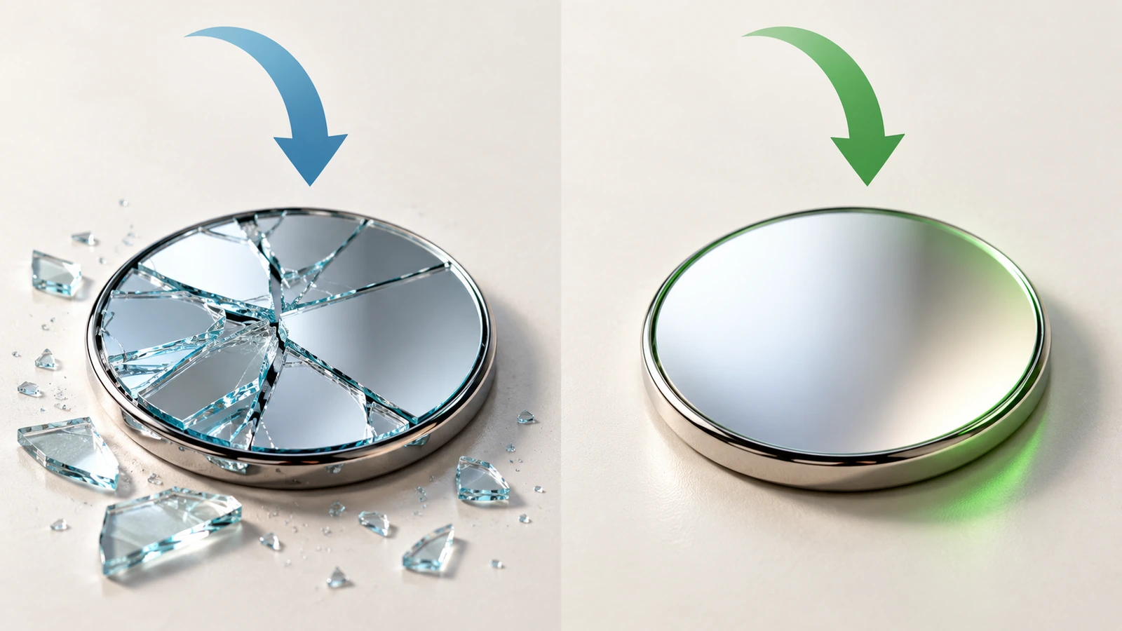Comparaison côte à côte d'une face de miroir badge en verre qui se brise en éclats tranchants et d'une face de miroir badge en acrylique qui reste intacte après une chute, avec des flèches indiquant la chute