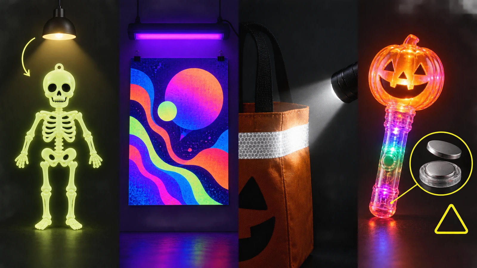 Illustration en 4 volets comparant un autocollant lumineux, une impression éclairée à la lumière noire, une bande réfléchissante éclairée par le faisceau d'une lampe torche et un jouet lumineux à pile
