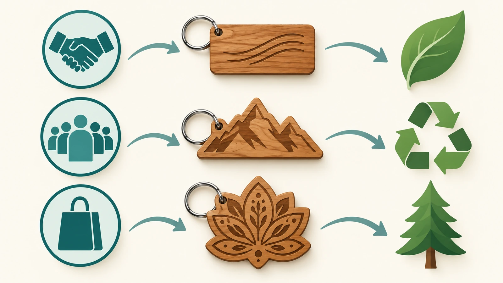 Schéma avec des flèches reliant trois objectifs de campagne à trois styles de porte-clés et un symbole de feuille pour le message écologique correspondant