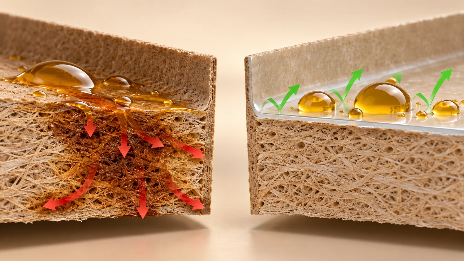 Illustration en coupe comparant deux parois de contenants en carton : des gouttelettes d'huile qui s'infiltrent dans la fibre non traitée sur 1 côté, et qui sont arrêtées par une fine couche barrière sur l'autre