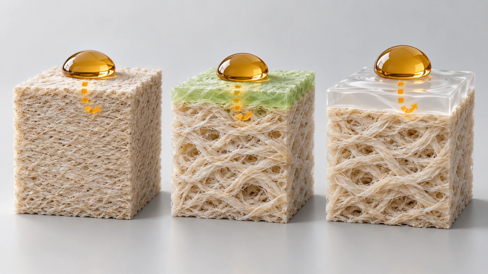Illustration en coupe comparant trois mécanismes du papier barrière aux graisses : fibre densément raffinée, surface traitée chimiquement et enduit en film continu, avec des gouttelettes d'huile arrêtées à différentes profondeurs