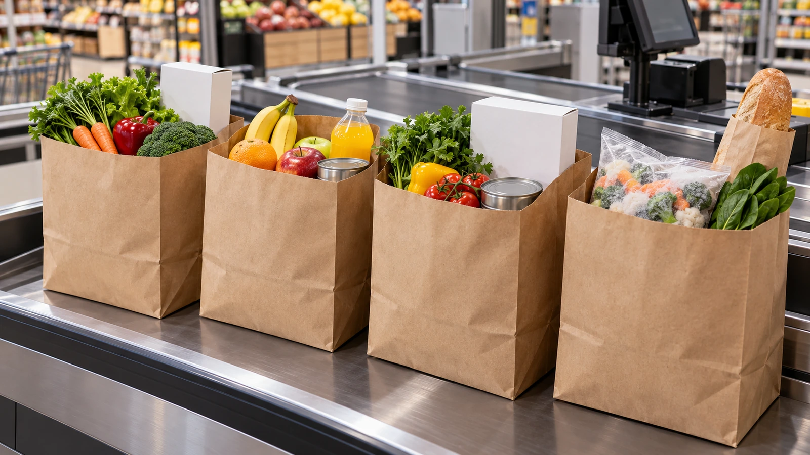 Caisse de supermarché avec des sacs de courses en papier kraft brun nature remplis de fruits et légumes, de bouteilles et de produits en boîte