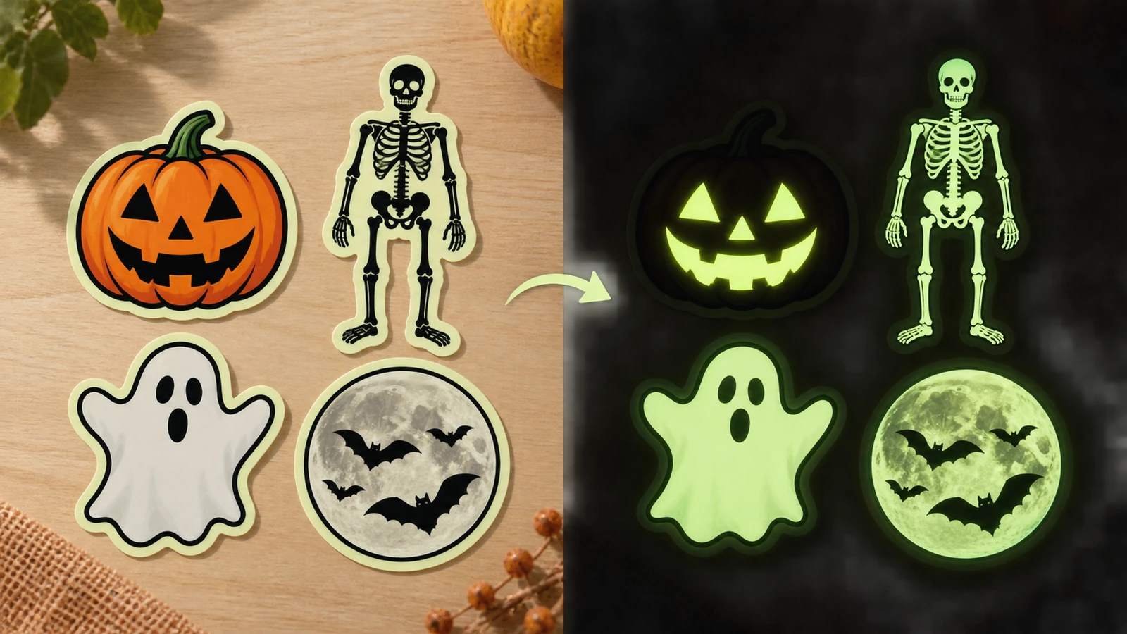 Autocollants Halloween phosphorescents vus de jour avec des visuels en couleurs de citrouille, de fantôme et de squelette, puis dans le noir avec seules les zones non imprimées brillant en vert