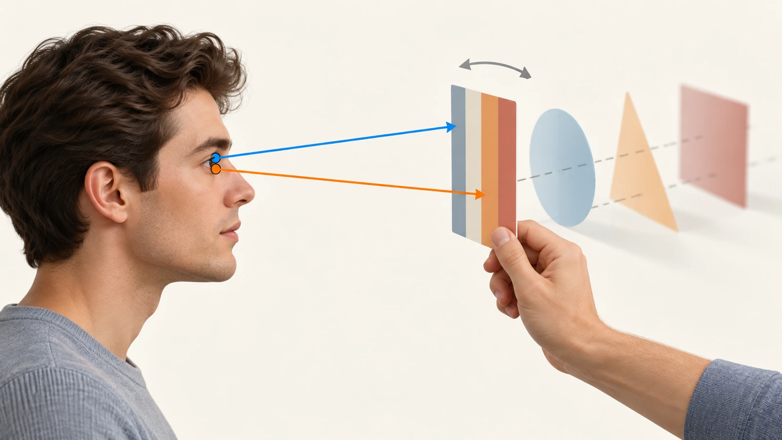 Illustration d'une main tenant une carte lenticulaire à bout de bras, avec des flèches montrant les lignes de visée des yeux gauche et droit convergeant sur la profondeur en couches