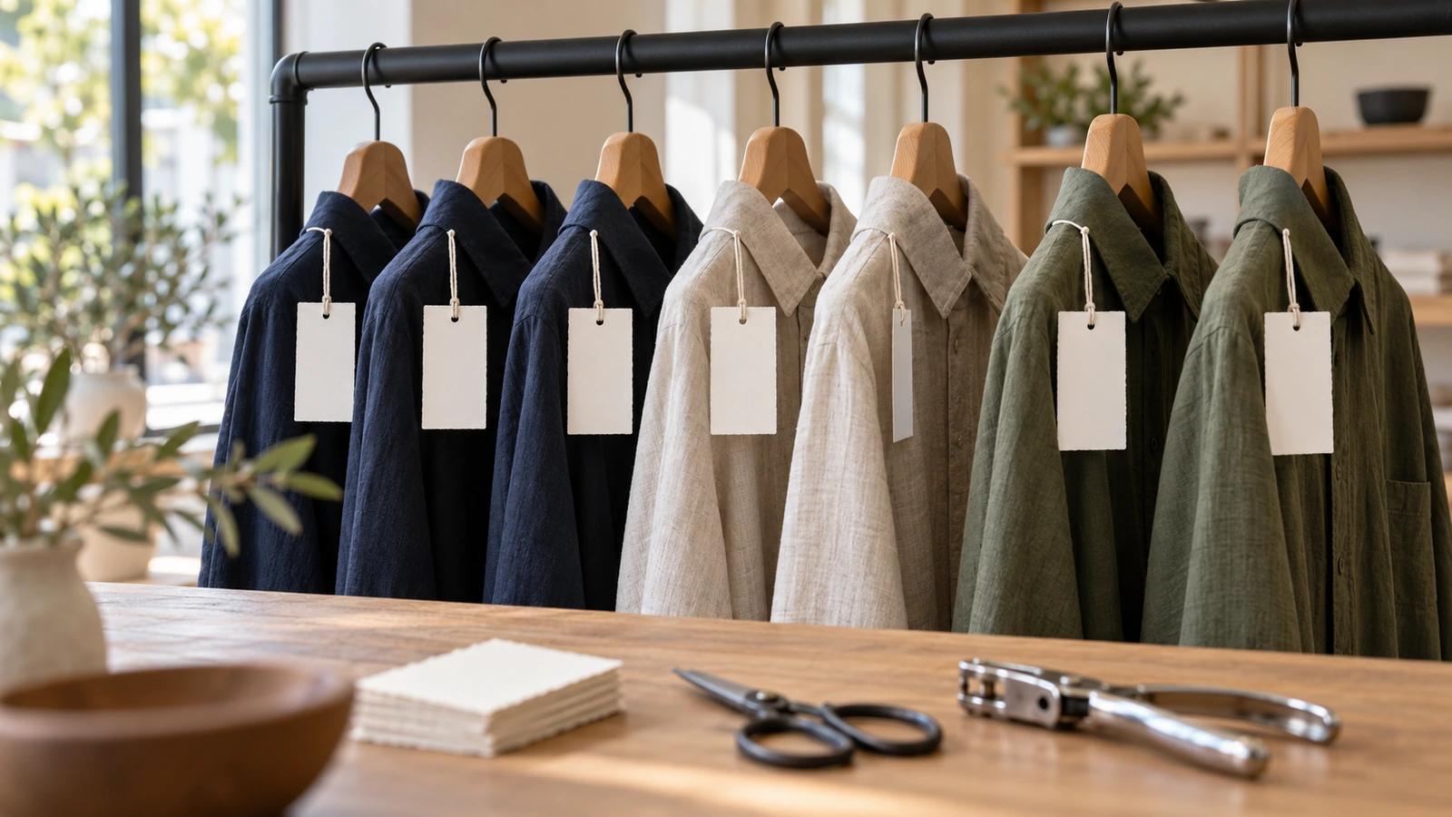 Maquettes d'étiquettes volantes en papier à taille réelle, suspendues aux manches de chemises pliées sur une tringle à vêtements en magasin, pour tester la lisibilité et la rotation des étiquettes avant la commande